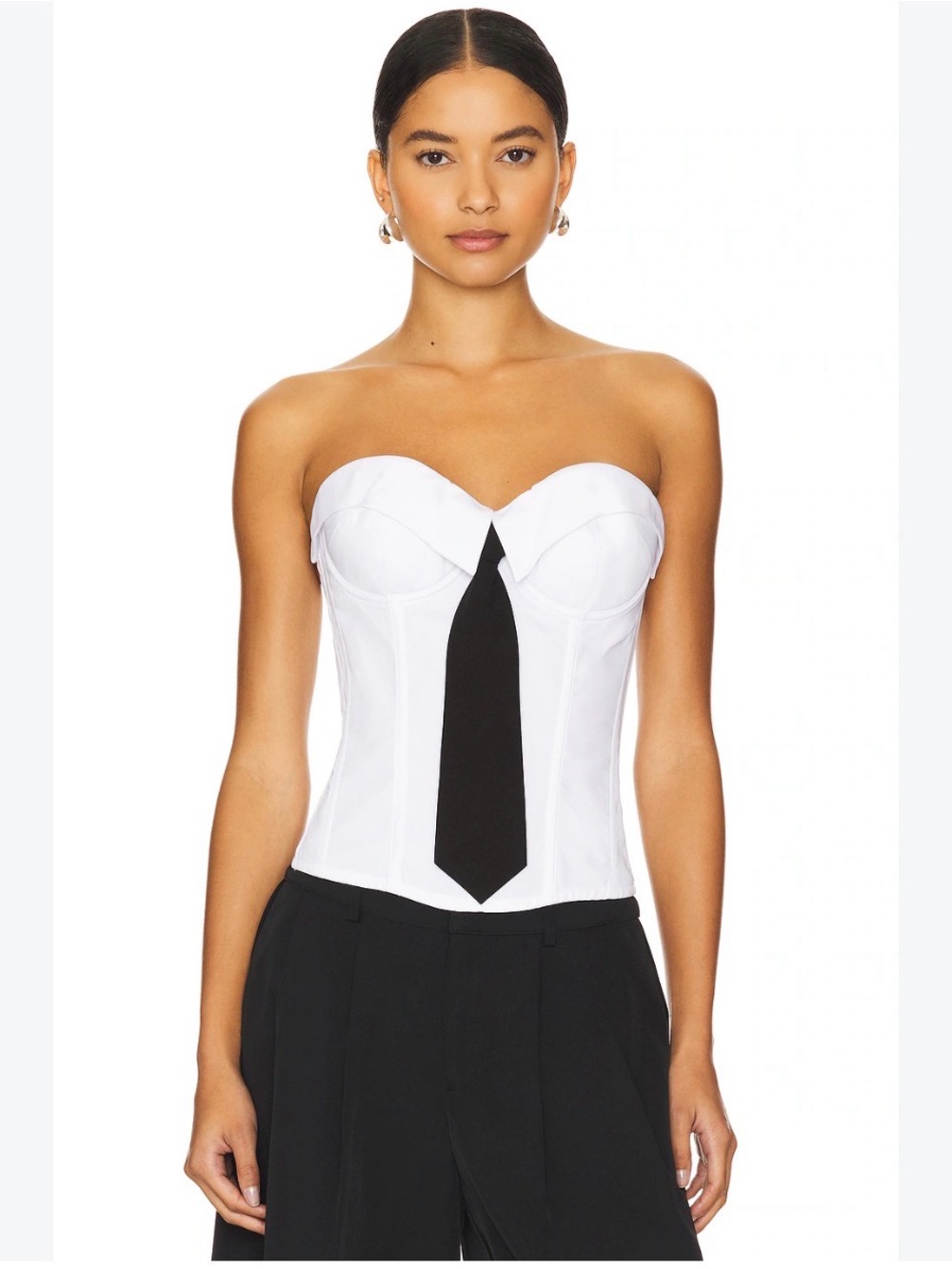 Danielle Guizio White Strapless Bustier Corset Top with Black Tie